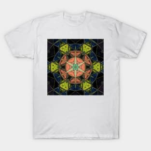 Mosaic Kaleidoscope Flower Orange Yellow and Blue T-Shirt